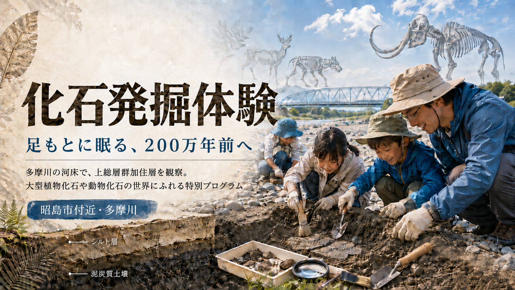 【東京都昭島市】足もとに眠る200万年前へ！多摩川で本物の地層＆植物・昆虫化石を探す発掘体験