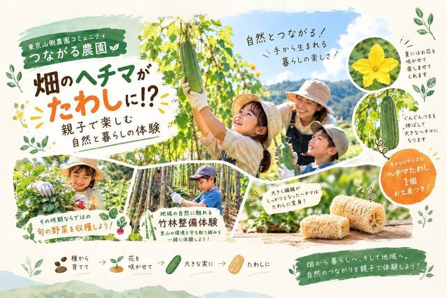 畑のヘチマがたわしに！？ヘチマたわし作り＆旬の野菜収穫体験＆竹林整備の里山体験